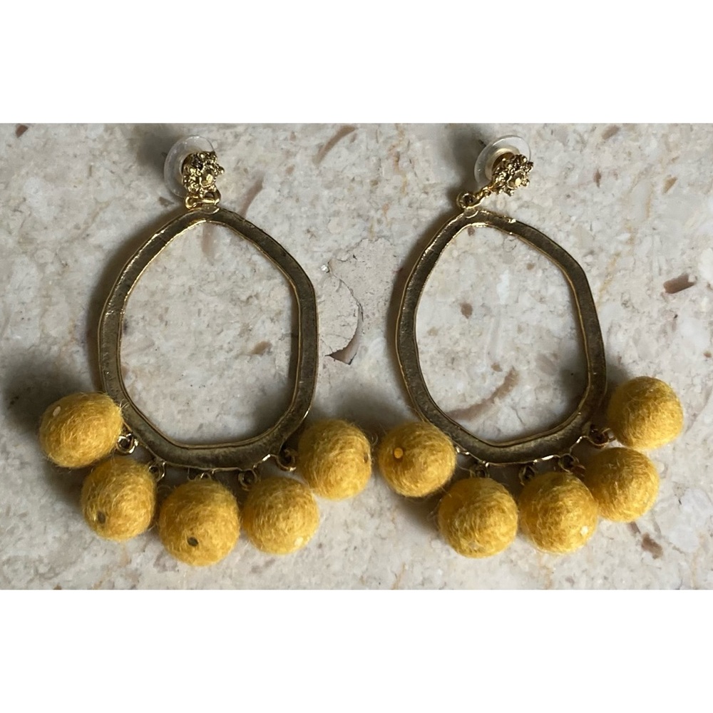 Yochi Gold Tone Hoop W/Yellow Pompoms Earrings
